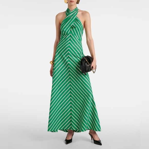 STAUD Dresses & Skirts - STAUD Green White Striped Poplin Cotton Tie Halter Dawn Maxi Dress M